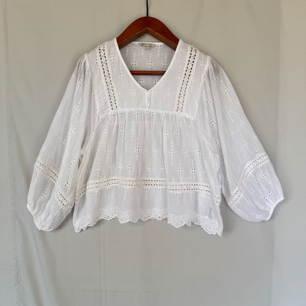 American Eagle White Embroidered Lace Ballon 3/4 Sleeve Peasant Babydoll Blouse - Picture 3 of 16